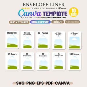 Op de afbeelding: Een envelopvoering sjabloonbundel met 10 formaten voor Canva, waaronder Standard A7, A7 Euro, A7 Pointed, A7 Square Flap, 6.5 Square, A6, C6, C5 en 5.75 Square. Het digitale bestand is compatibel met 21,59 cm bij 27,94 cm vellen, Cricut en Silhouette.
