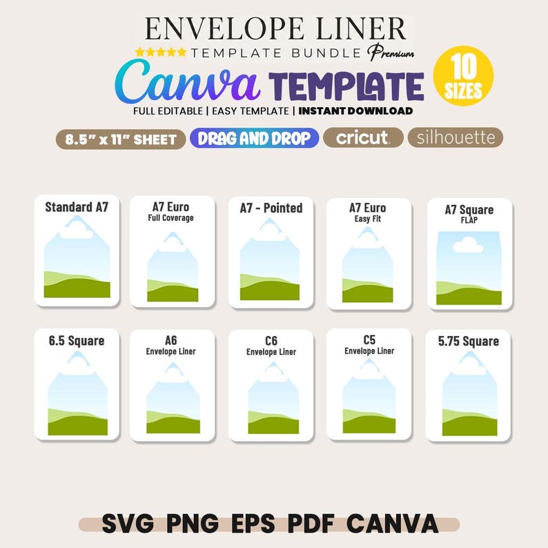Op de afbeelding: Een envelopvoering sjabloonbundel met 10 formaten voor Canva, waaronder Standard A7, A7 Euro, A7 Pointed, A7 Square Flap, 6.5 Square, A6, C6, C5 en 5.75 Square. Het digitale bestand is compatibel met 21,59 cm bij 27,94 cm vellen, Cricut en Silhouette.