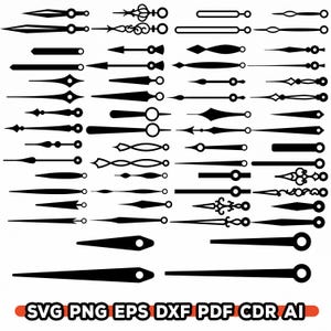 Pu&ograve; includere: Una collezione di lancette nere per orologi in vari design. Le lancette includono diverse forme, come frecce, gocce e cerchi. L'immagine include anche il testo "SVG PNG EPS DXF PDF CDR AI".