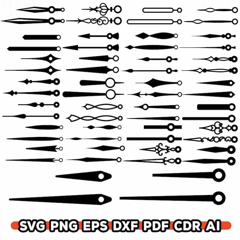 Pu&ograve; includere: Una collezione di lancette nere per orologi in vari design. Le lancette includono diverse forme, come frecce, gocce e cerchi. L'immagine include anche il testo "SVG PNG EPS DXF PDF CDR AI".