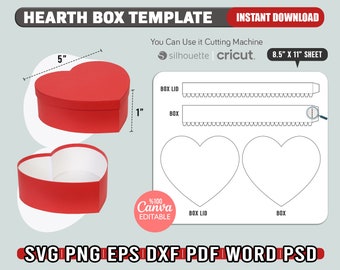 Hearth Box Template, Love Gift Box Template Svg, Hearth Box With Lid Template, Valentine's Day Box Svg For Cricut, Cut Files, Favor Box,