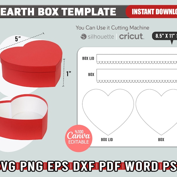 Hearth Box Template, Love Gift Box Template Svg, Hearth Box With Lid Template, Valentine's Day Box Svg For Cricut, Cut Files, Favor Box,