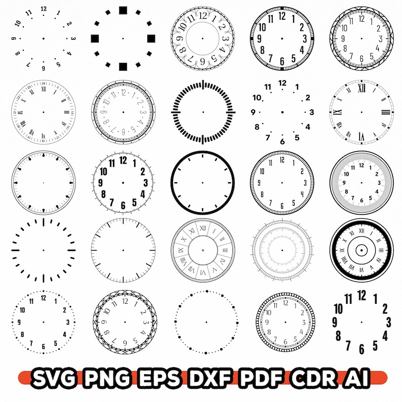 Pu&ograve; includere: Una collezione di quadranti di orologi in bianco e nero, con numeri romani e arabi, oltre a design minimalisti. Queste illustrazioni sono adatte per progetti di artigianato o design. L'immagine include il testo "SVG PNG EPS DXF PDF CDR AI".