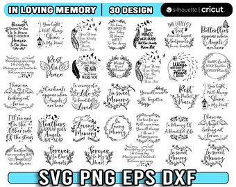 May include: A black and white digital download of 30 memorial designs featuring various quotes and images. The designs include phrases such as "In Loving Memory", "Your Wings Were Ready", "Rest In Peace", and "In Sweet Memory".