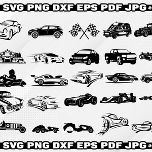May include: A collection of 20 black and white vector illustrations of cars, race cars, and racing flags. The illustrations are in a simple, flat style.