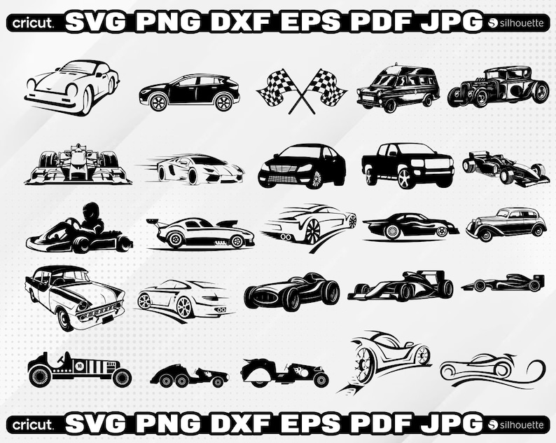 May include: A collection of 20 black and white vector illustrations of cars, race cars, and racing flags. The illustrations are in a simple, flat style.