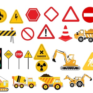 Puede incluir: Un conjunto de im&aacute;genes predise&ntilde;adas con tem&aacute;tica de construcci&oacute;n que incluye varias se&ntilde;ales, como una se&ntilde;al de stop, una se&ntilde;al de peligro, una se&ntilde;al de advertencia y una se&ntilde;al de carretera cerrada. Tambi&eacute;n hay im&aacute;genes de veh&iacute;culos de construcci&oacute;n, como un cami&oacute;n volquete, una excavadora y una mezcladora de cemento.