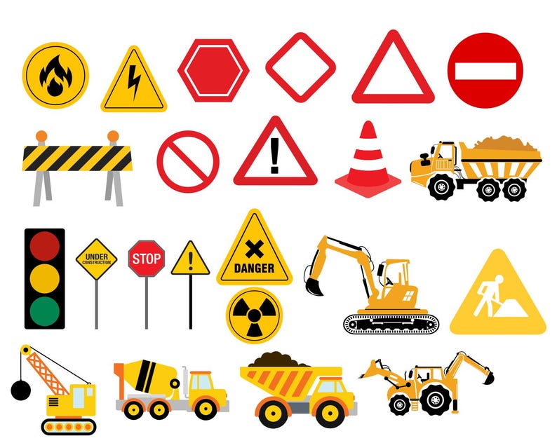 Puede incluir: Un conjunto de im&aacute;genes predise&ntilde;adas con tem&aacute;tica de construcci&oacute;n que incluye varias se&ntilde;ales, como una se&ntilde;al de stop, una se&ntilde;al de peligro, una se&ntilde;al de advertencia y una se&ntilde;al de carretera cerrada. Tambi&eacute;n hay im&aacute;genes de veh&iacute;culos de construcci&oacute;n, como un cami&oacute;n volquete, una excavadora y una mezcladora de cemento.