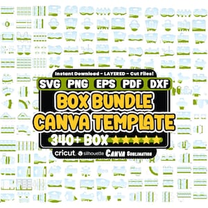 Puede incluir: Una colección digital de más de 340 plantillas de cajas con patrones de paisajes azules y verdes. La etiqueta negra central muestra el texto: Instant Download - LAYERED - Cut Files! SVG PNG EPS PDF DXF BOX BUNDLE CANVA TEMPLATE 340+ BOX cricut silhouette CANVA Sublimation.