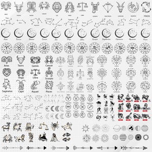 May include: Black and white illustrations of the 12 zodiac signs, including Aries, Taurus, Gemini, Cancer, Leo, Virgo, Libra, Scorpio, Sagittarius, Capricorn, Aquarius, and Pisces. The illustrations include both the astrological symbols and the constellations.