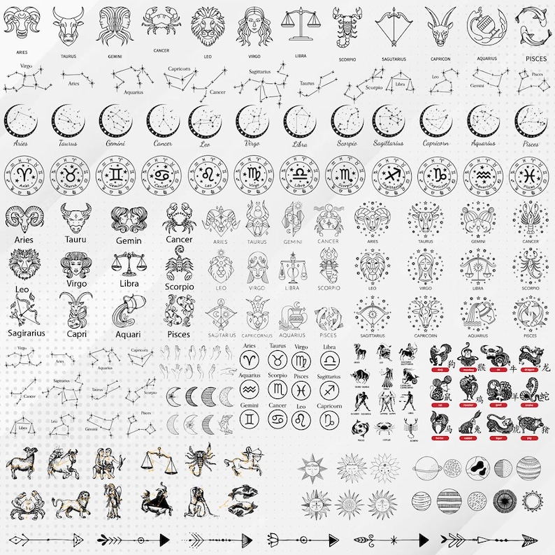 May include: Black and white illustrations of the 12 zodiac signs, including Aries, Taurus, Gemini, Cancer, Leo, Virgo, Libra, Scorpio, Sagittarius, Capricorn, Aquarius, and Pisces. The illustrations include both the astrological symbols and the constellations.