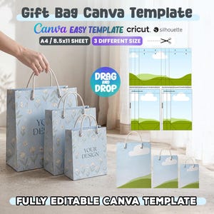 May include: A set of light blue gift bags with floral patterns and white rope handles. The bags have the text "YOUR DESIGN" and "YOUR IDEA". The image also shows a template with a sky and grass design. Text on the image says "Gift Bag Canva Template".