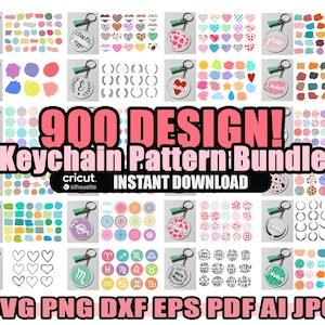 May include: A digital download bundle of 900 keychain designs. The designs include a variety of patterns, colors, and shapes, including hearts, circles, stars, and leaves. The designs are perfect for creating custom keychains for yourself or as gifts.