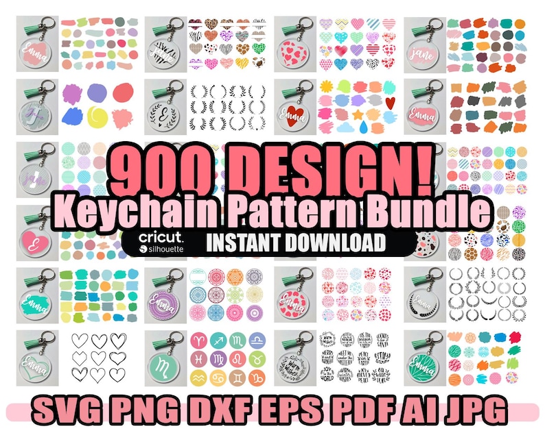 May include: A digital download bundle of 900 keychain designs. The designs include a variety of patterns, colors, and shapes, including hearts, circles, stars, and leaves. The designs are perfect for creating custom keychains for yourself or as gifts.