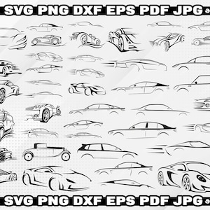 May include: A collection of 30 black and white car silhouette illustrations. The illustrations are in various styles and angles, including side views, front views, and top views. The illustrations are perfect for use in crafting projects, scrapbooking, or digital design.