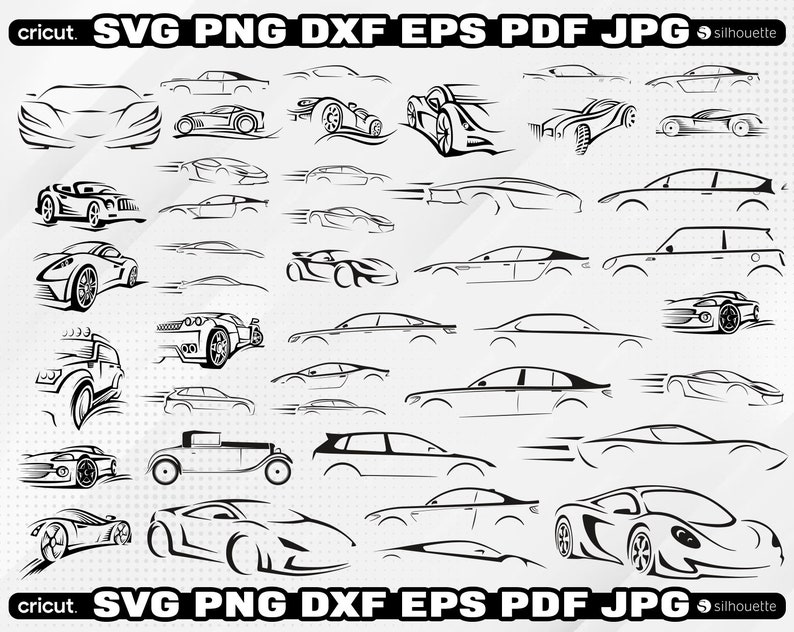 May include: A collection of 30 black and white car silhouette illustrations. The illustrations are in various styles and angles, including side views, front views, and top views. The illustrations are perfect for use in crafting projects, scrapbooking, or digital design.