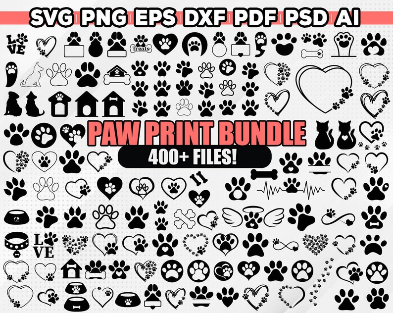 Puede incluir: Una descarga digital de m&aacute;s de 400 dise&ntilde;os de huellas de patas en negro. Los dise&ntilde;os incluyen huellas de patas, corazones, huesos y otras im&aacute;genes relacionadas con perros. El texto "PAW PRINT BUNDLE 400+ FILES!" se muestra en el centro de la imagen.