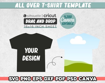 Plantilla de camiseta, Plantilla de camiseta completa Svg, Contorno de camiseta, Arrastrar y soltar Canva, Png, Dxf, Eps, Pdf, Descarga instantánea