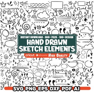 May include: A collection of hand-drawn sketch elements in black and white. The image includes various doodles such as arrows, stars, speech bubbles, crowns, and checkmarks. Text on the image reads "Instant Download - 300+ Files - 160+ Design" and "Hand Drawn Sketch Elements".