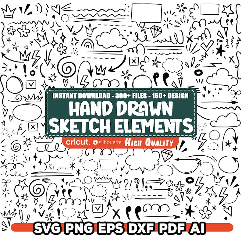 May include: A collection of hand-drawn sketch elements in black and white. The image includes various doodles such as arrows, stars, speech bubbles, crowns, and checkmarks. Text on the image reads "Instant Download - 300+ Files - 160+ Design" and "Hand Drawn Sketch Elements".
