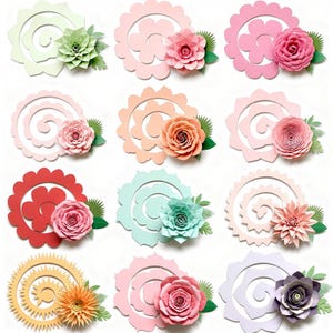 May include: A collection of colorful paper flower embellishments. Each flower features a spiral design with a central bloom and green leaf accents. Colors include pink, red, yellow, and green, perfect for crafting and scrapbooking projects.