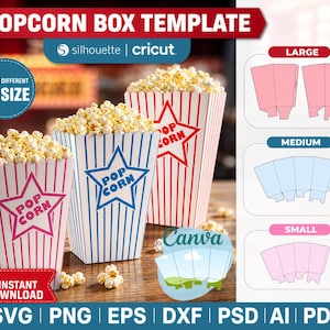 May include: A digital template for three sizes of popcorn boxes featuring red and blue striped designs with star graphics and the text POPCORN. The image includes SVG, PNG, EPS, DXF, PSD, AI, and PDF file formats for Silhouette, Cricut, and Canva software.