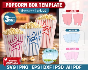 May include: A digital template for three sizes of popcorn boxes featuring red and blue striped designs with star graphics and the text POPCORN. The image includes SVG, PNG, EPS, DXF, PSD, AI, and PDF file formats for Silhouette, Cricut, and Canva software.