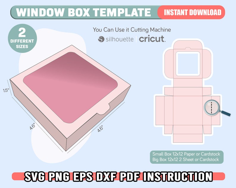 May include: A digital template for a window box with two different sizes. The template is designed for use with a cutting machine, such as Silhouette or Cricut. The template includes instructions for assembling the box. The box is 4.6 inches wide and 1.5 inches tall.