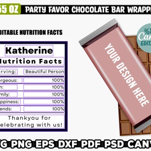 May include: A printable chocolate bar wrapper template with a pink and silver foil design. The wrapper says "Your Design Here". The template also includes a nutrition facts label that can be customized with a name and percentages. The text on the label says "Katherine Nutrition Facts".