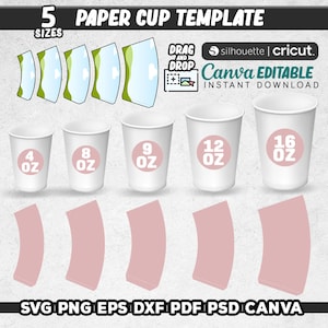 Pacchetto di modelli per involucri di bicchieri di carta, 5 misure di involucri di bicchieri di carta SVG, modello di bicchieri di carta per caffè, 4oz - 8oz - 9oz - 12oz - 16oz / istantaneo