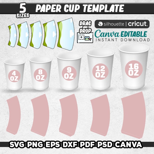 Lot de modèles d'emballage pour gobelets en papier, 5 tailles SVG d'emballage pour gobelets en papier, modèle de tasse à café en papier, 4 oz - 8 oz - 9 oz - 12 oz - 16 oz | Instantané