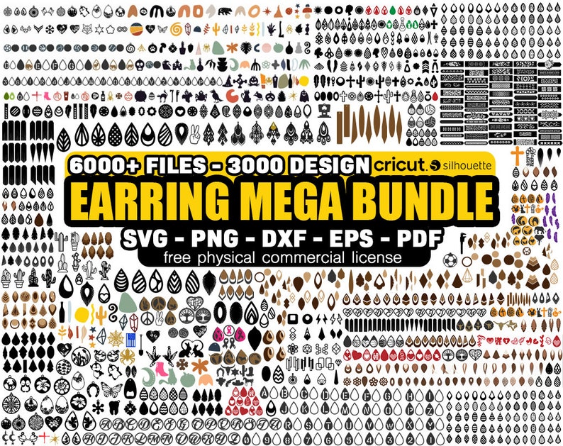 May include: A digital collage of over 6,000 earring designs in various shapes, colors, and styles. The designs include geometric shapes, animals, flowers, and more. The text "6000+ FILES - 3000 DESIGN cricut. silhouette EARRING MEGA BUNDLE SVG - PNG - DXF - EPS - PDF free physical commercial license" is displayed on the image.