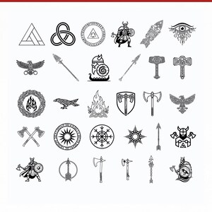 May include: A collection of black and white Viking-themed illustrations. The image includes various symbols such as axes, shields, eagles, and figures of Vikings. The designs are detailed and suitable for digital art or print.