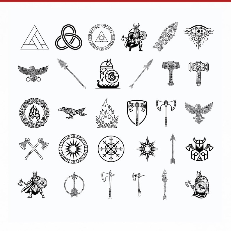 May include: A collection of black and white Viking-themed illustrations. The image includes various symbols such as axes, shields, eagles, and figures of Vikings. The designs are detailed and suitable for digital art or print.