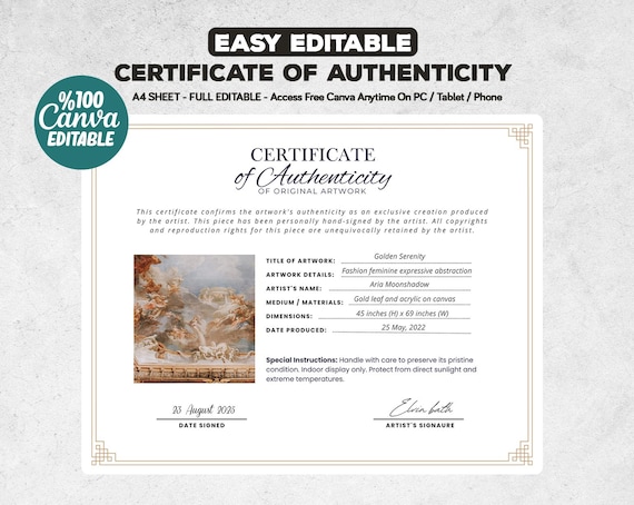 Easy Editable Certificate of Authenticity for Artwork Template, Printable Certificate of Authenticity Canva Template, Instant Download