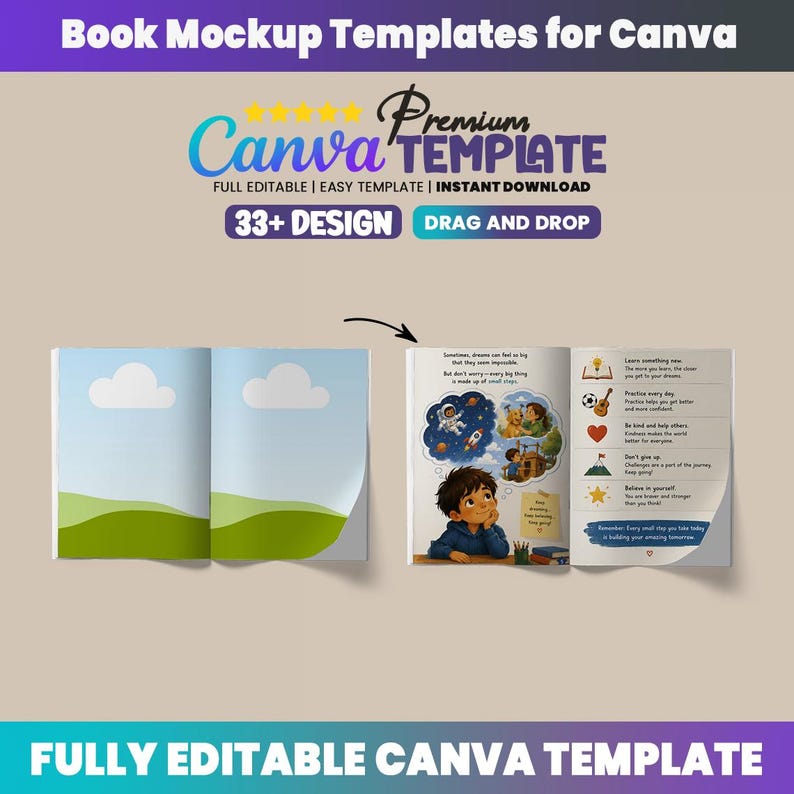 May include: Book mockup templates for Canva featuring 33+ designs. The image displays an open book with a blank landscape page on the left and an illustrated page on the right showing a child thinking about dreams, alongside text and icons.