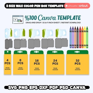 Paquete de plantillas para caja de regalo con bolígrafo de cera, plantilla para caja de crayones de 32 piezas en formato SVG, caja de crayones de cera de 4, 8, 16, 24 y 32 piezas en formato SVG, PNG, descarga instantánea
