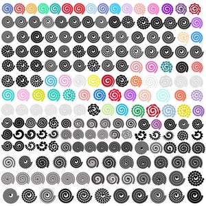 May include: A collection of various spiral-shaped paper flower cutouts in a variety of colors, including black, white, pink, blue, green, and purple. The cutouts are arranged in a grid pattern, suitable for crafting and scrapbooking projects.