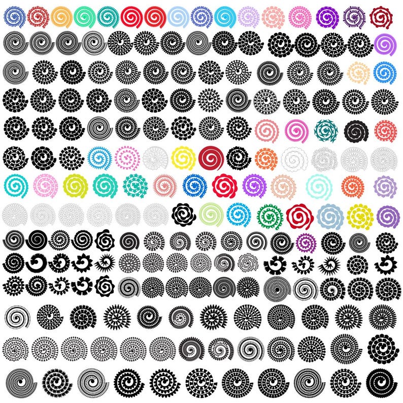 May include: A collection of various spiral-shaped paper flower cutouts in a variety of colors, including black, white, pink, blue, green, and purple. The cutouts are arranged in a grid pattern, suitable for crafting and scrapbooking projects.