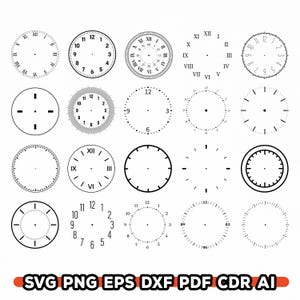 Pu&ograve; includere: Una collezione di quadranti di orologi in bianco e nero, con numeri romani e arabi, e design minimalisti. L'immagine mostra diversi layout e marcature dei quadranti. La parte inferiore dell'immagine include il testo "SVG PNG EPS DXF PDF CDR AI".