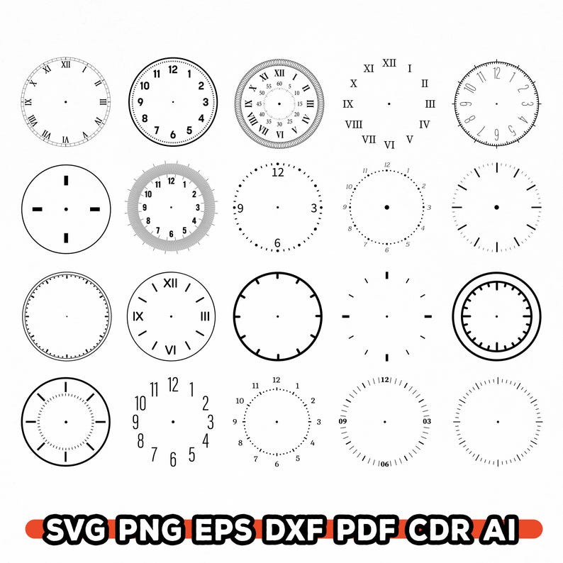 Pu&ograve; includere: Una collezione di quadranti di orologi in bianco e nero, con numeri romani e arabi, e design minimalisti. L'immagine mostra diversi layout e marcature dei quadranti. La parte inferiore dell'immagine include il testo "SVG PNG EPS DXF PDF CDR AI".