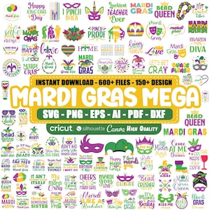 May include: A digital download of over 600 SVG, PNG, EPS, AI, PDF, and DXF files for Mardi Gras themed designs. The designs feature a variety of phrases and images, including "Mardi Gras", "Bead Queen", "Let's Get Cray", "Happy Mardi Gras", and "Kiss Me Mardi Gras".
