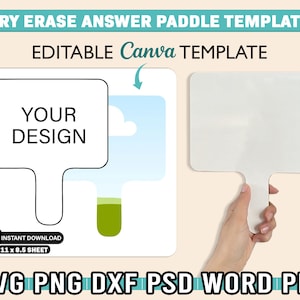 Op de afbeelding: Bewerkbare droog uitwisbare antwoordpeddel sjabloon voor Canva. De sjabloon heeft een wit peddel met een zwarte omtrek en een handvat. De tekst "YOUR DESIGN" wordt op de peddel weergegeven. De sjabloon is beschikbaar voor directe download in de maat 11 x 8,5 vel.