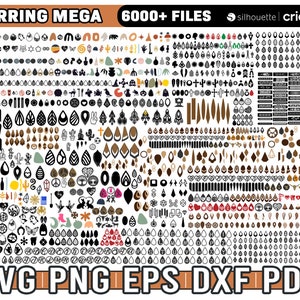 May include: A large collection of over 6,000 earring designs in SVG, PNG, EPS, DXF, and PDF formats. The designs are a mix of geometric shapes, floral patterns, and abstract designs. The image includes the text "EARRING MEGA 6000+ FILES silhouette cricut. SVG PNG EPS DXF PDF"