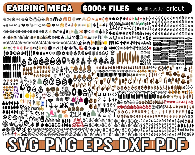 May include: A large collection of over 6,000 earring designs in SVG, PNG, EPS, DXF, and PDF formats. The designs are a mix of geometric shapes, floral patterns, and abstract designs. The image includes the text "EARRING MEGA 6000+ FILES silhouette cricut. SVG PNG EPS DXF PDF"