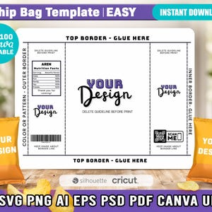 May include: A white digital chip bag template featuring black text and guidelines, including a nutrition facts label, a barcode, and a QR code. The design includes the text 'YOUR DESIGN' and 'TOP BORDER - GLUE HERE'. Two orange chip bags are shown as examples.