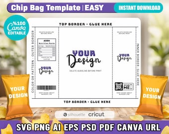 Easy Chip Bag Template, Canva Editable Blank Chip Bag, Party Chip Bag Label, Blank Chip Bag, Template For Cricut, Editable, Instant Download