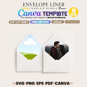 Op de afbeelding: Envelopvoering sjabloonbundel voor Canva in 10 formaten. Bevat tekst: ENVELOPE LINER TEMPLATE BUNDLE, Canva TEMPLATE, 10 SIZES, 8.5" x 11" SHEET, DRAG AND DROP, CRICUT, silhouette, SVG PNG EPS PDF CANVA. Twee witte enveloppen afgebeeld.