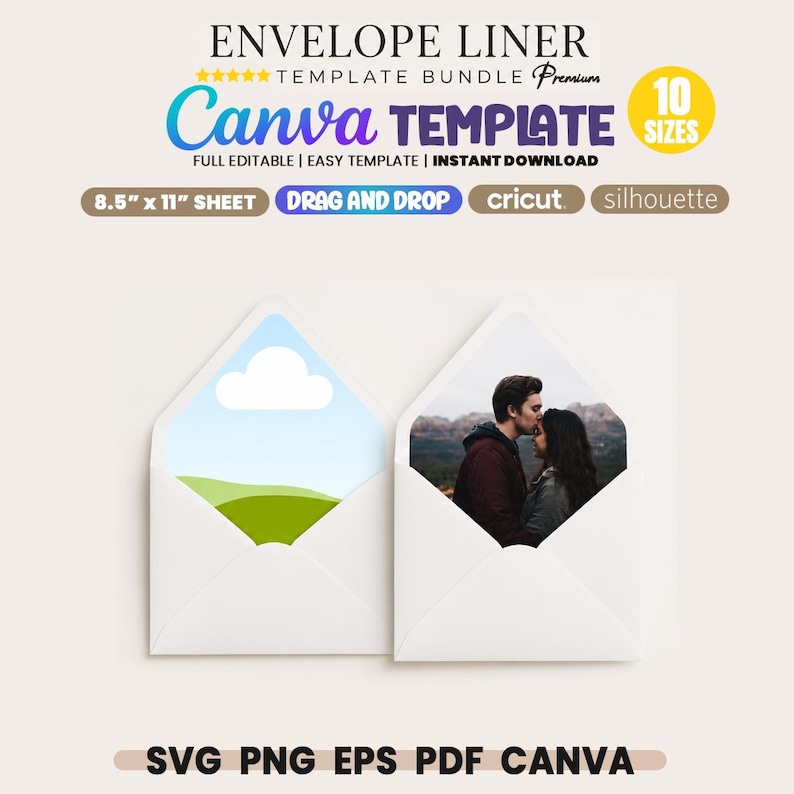 Op de afbeelding: Envelopvoering sjabloonbundel voor Canva in 10 formaten. Bevat tekst: ENVELOPE LINER TEMPLATE BUNDLE, Canva TEMPLATE, 10 SIZES, 8.5" x 11" SHEET, DRAG AND DROP, CRICUT, silhouette, SVG PNG EPS PDF CANVA. Twee witte enveloppen afgebeeld.