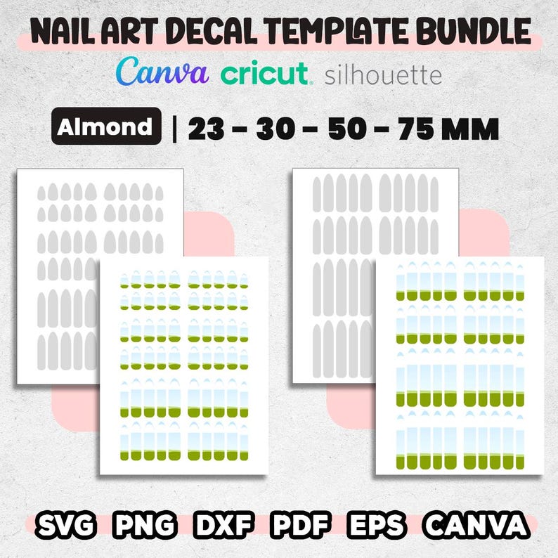 May include: Nail art decal template bundle with almond-shaped designs. Includes templates in various sizes, from 23 to 75 mm. Compatible with Canva, Cricut, and Silhouette. Formats include SVG, PNG, DXF, PDF, and EPS.